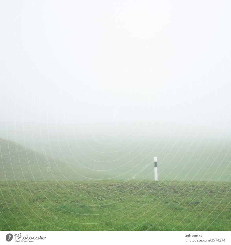 A roadside marker in a wavy meadow landscape in the fog Road marking Fog minimalism Street Meadow crimped green White Gray Black Blank space