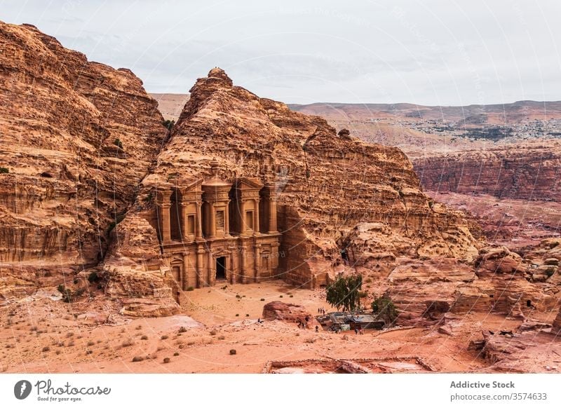 Views of a famous temple in Petra seen from above ancient architecture historic old stone carve building tourism petra jordan middle east culture heritage