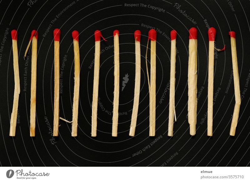 Photochallenge I 12 "abnormal" matches side by side on black background Match match head Deviation be different twelve differently Dozen Side by side Burn Hot