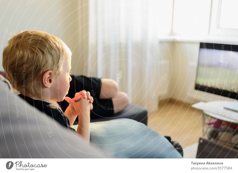 Little boy watching movie on TV screen at home tv people television child sofa couch sitting family together room indoors caucasian lifestyle male technology