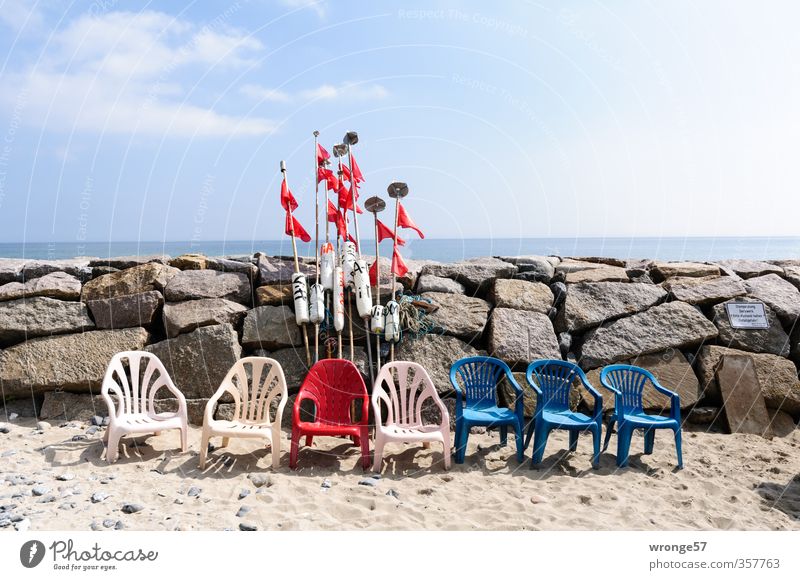 waiting Chair Fishing village Deserted Stone Sand Blue Red White Row of chairs Beach Coast revetment Seating Sky Sky blue Clouds Clouds in the sky Plastic chair