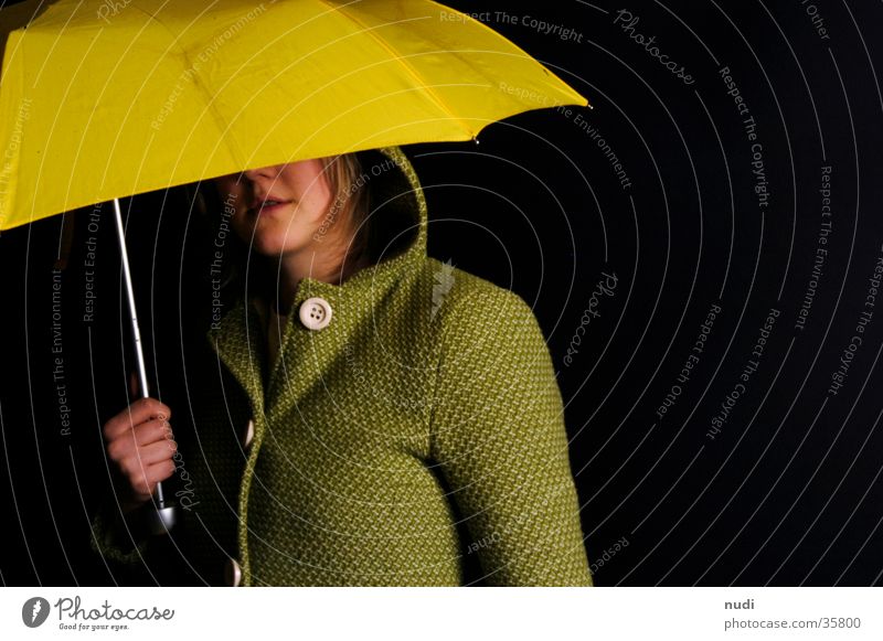 eye contact Woman Yellow Green Black Hooded (clothing) Buttons Coat Umbrella Head Hide Eyes