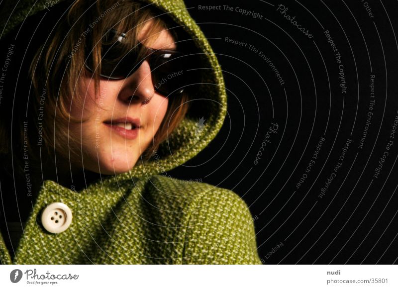 any Sunglasses Large Green Black Woman Hooded (clothing) Buttons Coat Dark Looking Head Hair and hairstyles