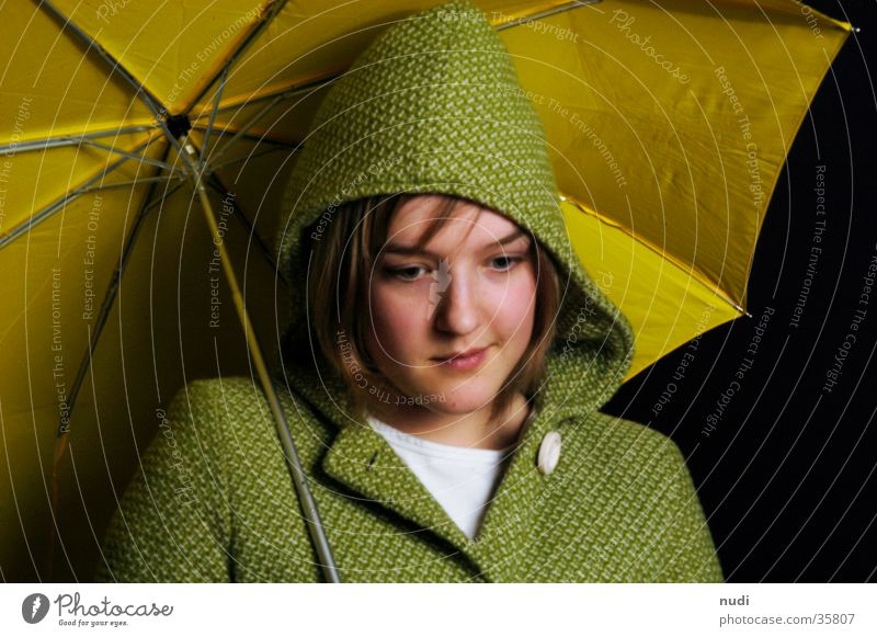 any Woman Umbrella Yellow Green Coat Hooded (clothing) Black Face Looking