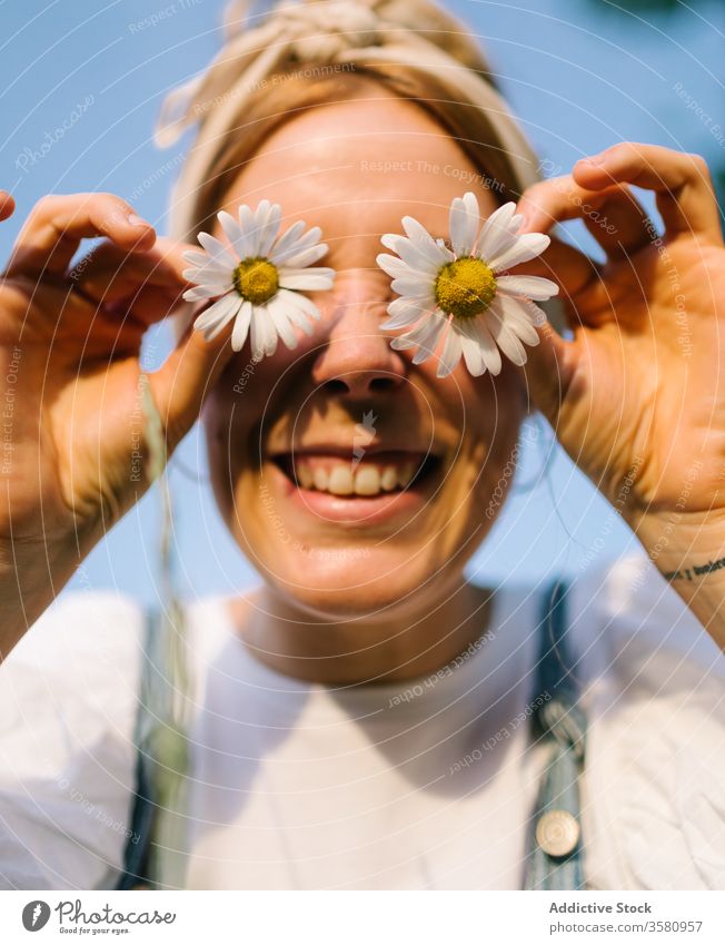 Cheerful young lady covering eyes with buds of chamomile woman fresh playful fun cover eyes happy round pretend charming spring meadow smile bloom flower field