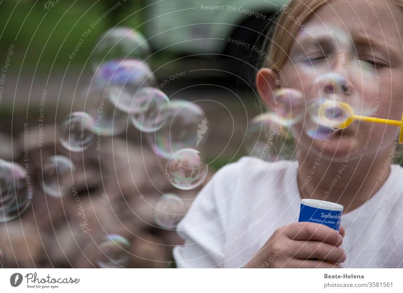 Take off for flight with soap bubbles Summer transparency Flying Departure fun Child Playing Forget glitter Infancy Joy Happy Girl Exterior shot Children's game