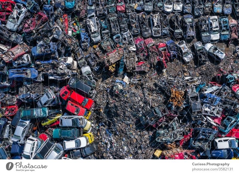 Scrapyard Aerial View. Old rusty corroded cars in car junkyard. Car recycling industry from above. used car recycling vehicles drone aerial parts junk yard