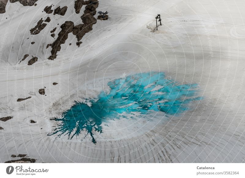 Climate change, glacier melt. A turquoise glowing puddle of meltwater has formed on the ice of the glacier mountain Mountain Water Glacier Ice Snow Melting
