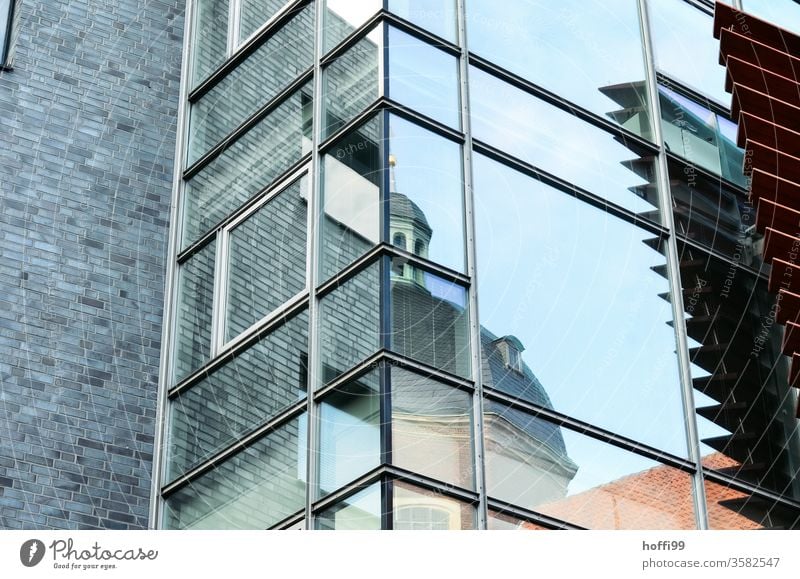 Reflecting modern exterior facade shows fragment of the old town Window Facade reflection structure Reflection Glass Complex Abstract Modern architecture