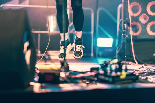 Jump on the stage - Festival ! Concert Stage joyful leap Jumping power Stage lighting Music Light Shows Floodlight Event Silhouette Colour photo