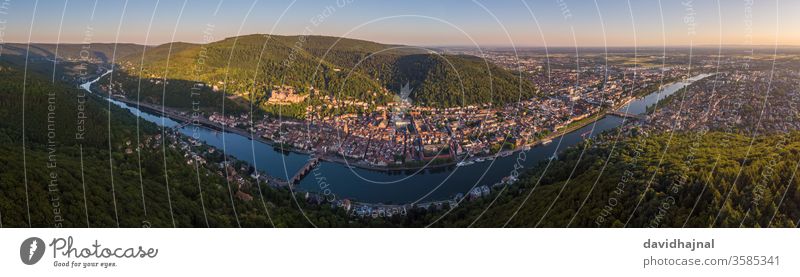 Panoramic cityscape of Heidelberg with the river Neckar. heidelberg germany europe rhine neckar water drone aerial aerial view forest tree sight sightseeing