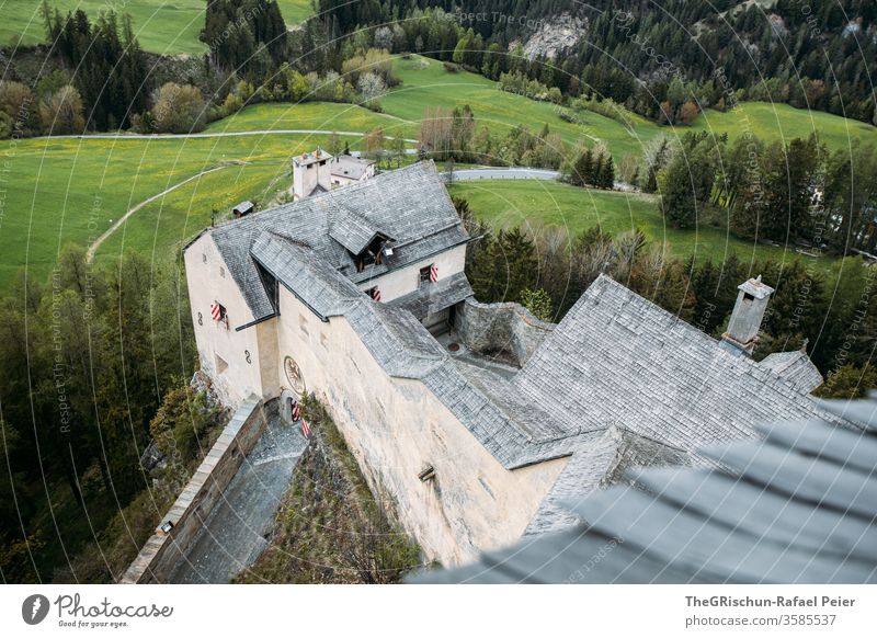 Castle from above with forest in the background Lock tarasp Scuol built Forest Colour photo Architecture Tourist Attraction Manmade structures Historic Landmark
