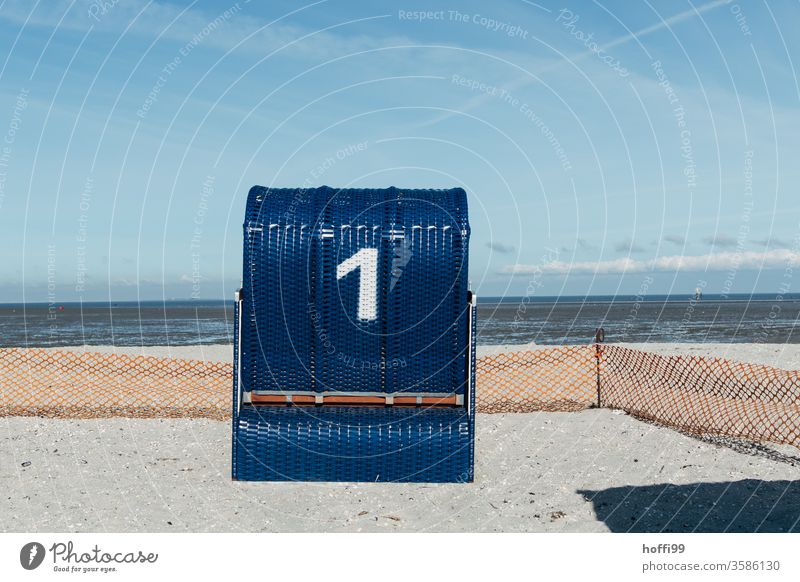 Beach chair number one faces the sea time-out Relaxation 1 Island Blue Sunlight lockdown Vacancy Spring Cloudless sky Bright Maritime naturally Dream Empty