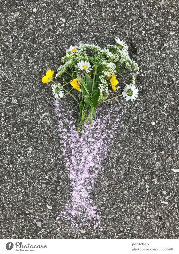 Mother's Day. Meadow flower painted in a flower vase made of street chalk. Child's play, creativity Flower vase Bouquet Children's game