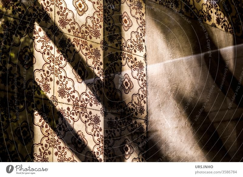 Shadows on the old tiled wall tiles Pattern Tile Wall (building) lines Structures and shapes Abstract Colour photo Brown Beige Light Light and shadow