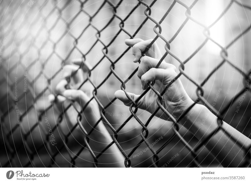 Depressed, trouble and lives matter. Black&White filter, women hand on chain-link fence. barbed barricade barrier black border bullying conflict crime crisis