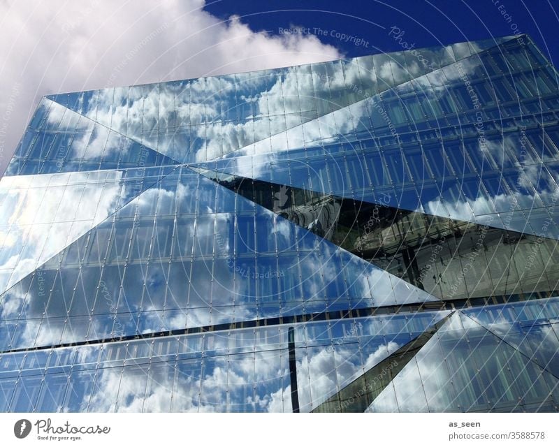 Cube Berlin Tourist Attraction reflection Architecture Train station Modern Glass Facade built Sky Blue Clouds House (Residential Structure) Reflection