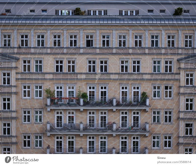 Window to the street Facade House front Apartment house tenement houses Balconies Roof terrace Summer Apartment Building Town City Karl-Marx-Allee Berlin