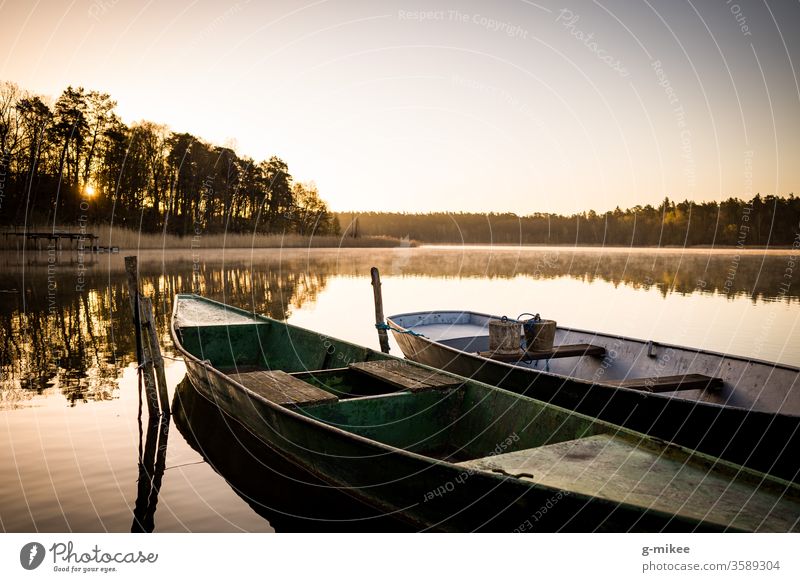 Boats on the lake at sunrise Schorfheide Lake Sunrise boats Morning tranquillity Water silent reflection Peace Landscape Nature Vacation & Travel Exterior shot