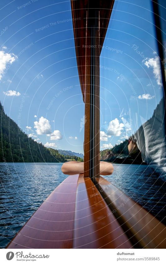 Crossing over the Königsee, reflection in the ship's window King Lake beautifully Berchtesgaden Alpes Alps Berchtesgaden Country mountains Royal Sea Shipping