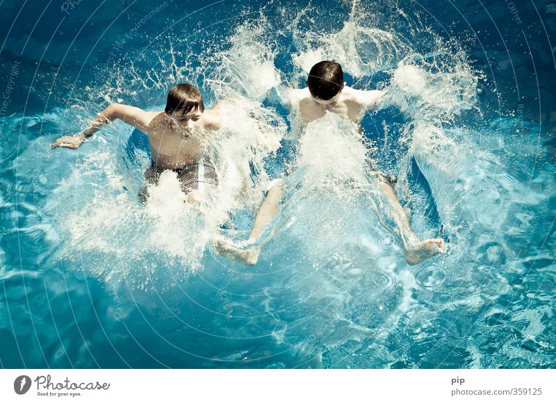 water bomb Vacation & Travel Summer vacation Open-air swimming pool Human being Young man Youth (Young adults) Brothers and sisters Friendship Infancy Body 2