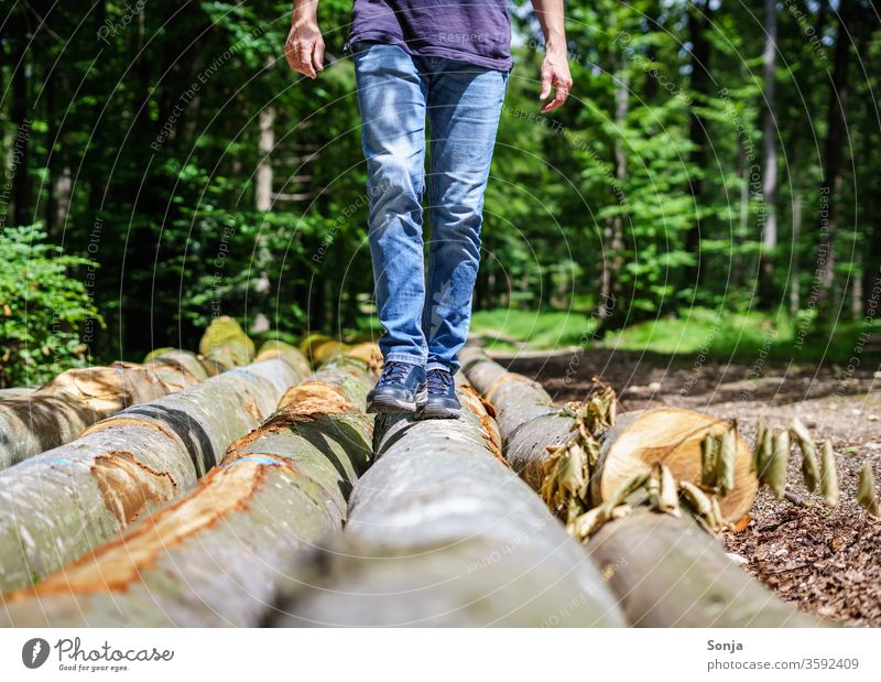 Man balances over a tree trunk in the forest Tree trunk Going Forest over 40 Nature Human being Exterior shot Loneliness green flaked Day Environment natural