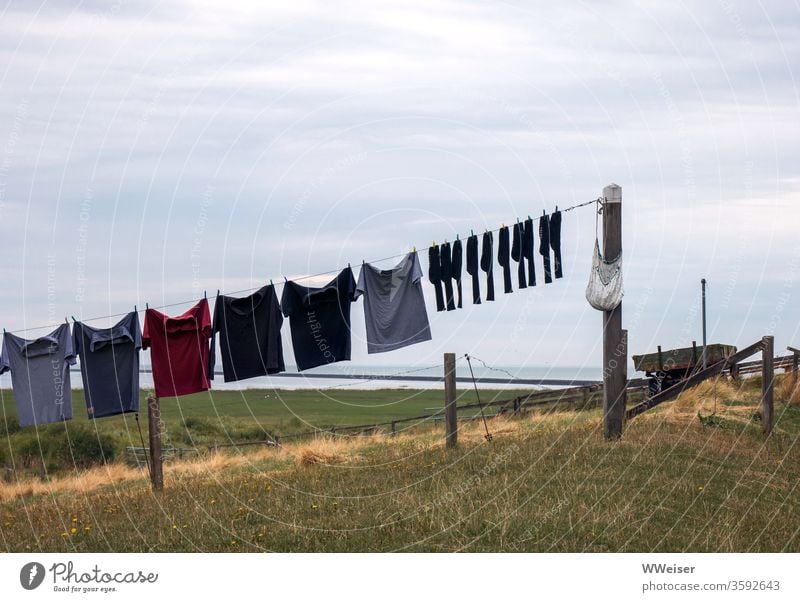 Cloudy weather clothesline Laundry Clothesline Shirts socks Diagonal Dreary Dry Clothes peg hang Clothing Country life In pairs from change reverberant
