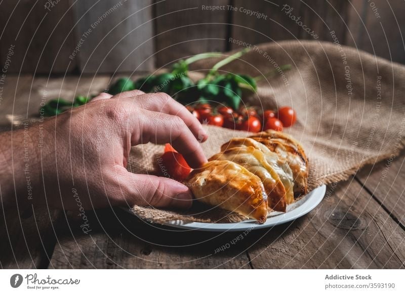 Delectable turnover pies with tomatoes and herbs pastry homemade food baked fill spinach tradition spanish appetizing tasty meal cuisine cook dish culinary