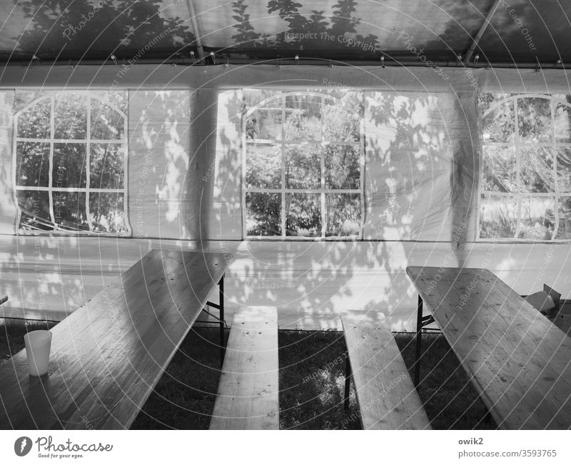 tent camp Tent Interior shot Window Plastic Bench Table Sunlight Beautiful weather Window seat Black & white photo Shadow View from a window Light Contrast