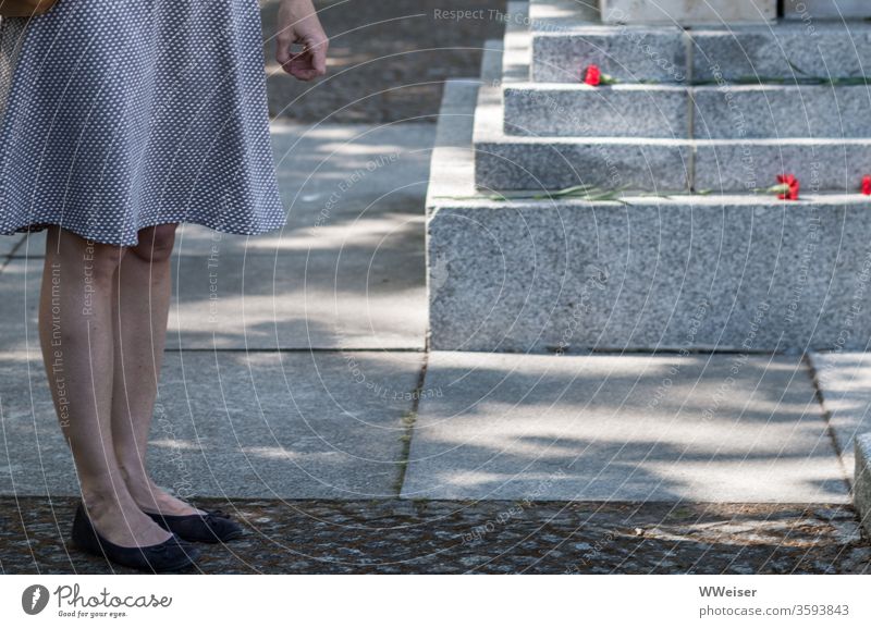 Woman in grey dress in front of monument Dress by hand Insecure Gray stagger flowers cloves Shadow Hesitate Monument memorial Human being Exterior shot Legs