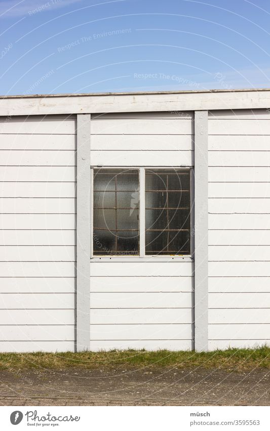 House wall with window in front of blue sky House (Residential Structure) boards White Sky Grass Street off Blue green Window Black Azure Summer Curiosity