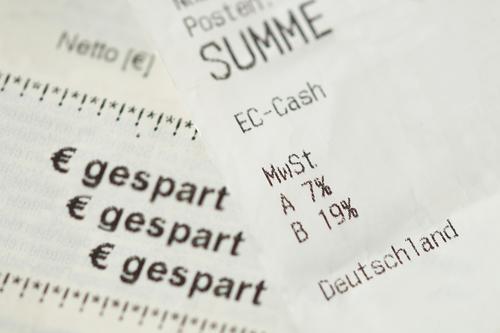 German receipt / voucher. Receipt with value added tax. Concept Reduction of VAT rate from 19% to 16% and from 7% to 5%. Bill - Germany saves. Money saved because of Coronavirus Covid-19, reduction of the VAT rate in Germany