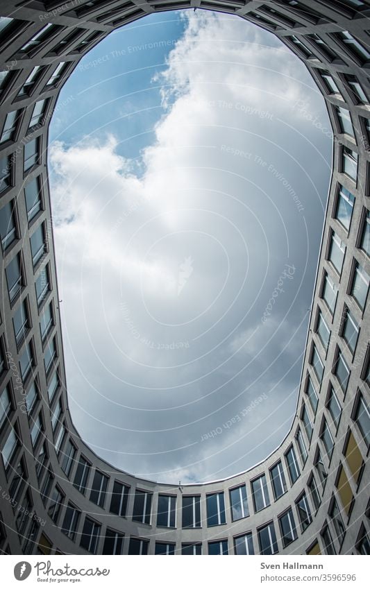 View upwards from oval building Architecture Facade Abstract Modern built Colour photo great Sky Perspective Window Symmetry Style Worm's-eye view Cladding Tall