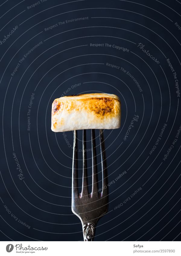 Smoked marshmallow on fork on dark background dark backgroound smoked black sweet food toast blue cooked smore snack home made delicious still life fat sugar