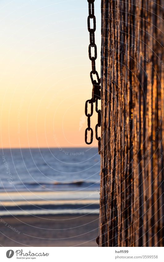 Chain to wooden pole on the beach at sunset Summer vacation romantic aura Rust Wooden stake Chain link Sunset Beach Ocean Shallow depth of field Vacation mood