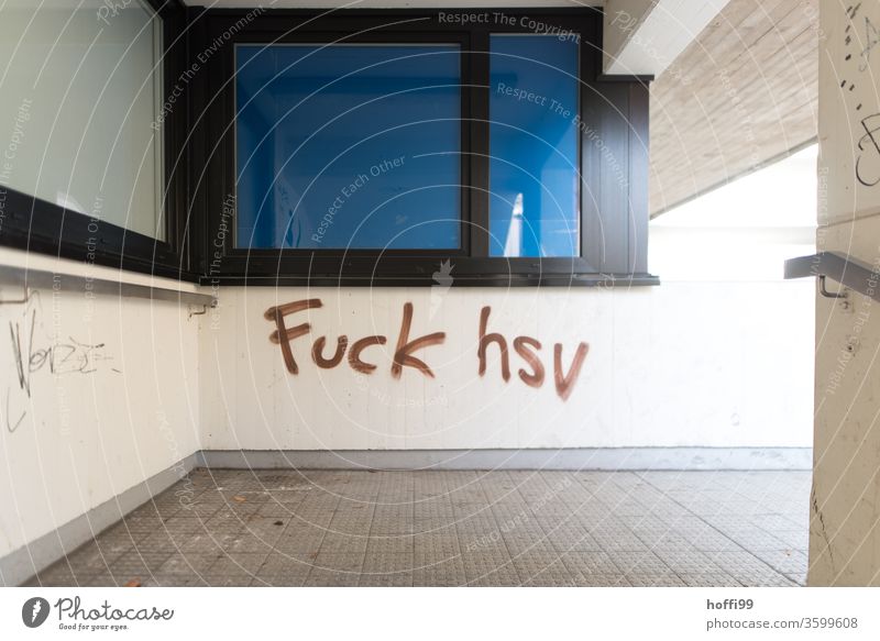 Graffiti in the staircase HSV colours Daub Characters soccer Vandalism ultras Force Typography Letters (alphabet) Cancelation object Soccer club fuck fuck hsv