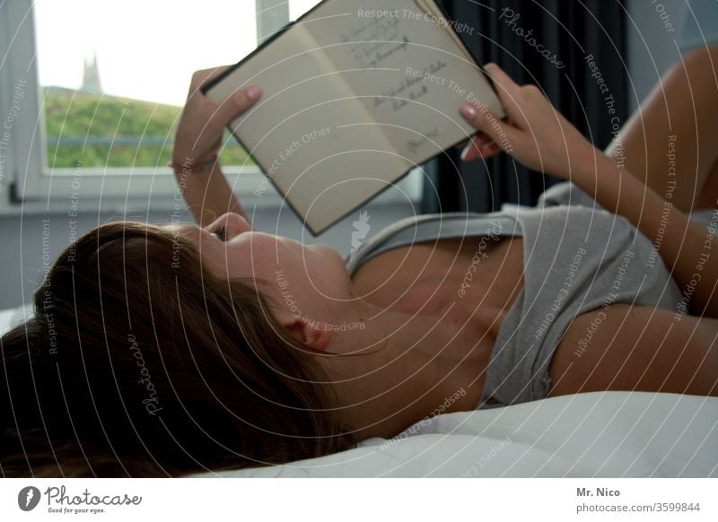 Printed matter | Reading makes beautiful Bedroom Cozy at home Book Relaxation Woman Morning To hold on Window décolleté Casual clothing Long-haired Light browse