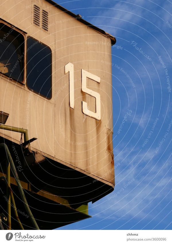 15 Digits and numbers Crane Historic Sky Rust Patina Deserted Exterior shot Signs and labeling Characters Harbour Metal Wall (building) Old Window