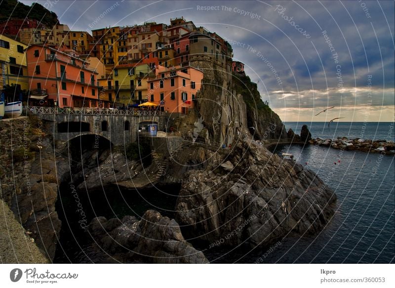 the stairs in village of manarola in th Ocean Mountain House (Residential Structure) Climbing Mountaineering Rope Sky Clouds Hill Rock Coast Village Town Hut