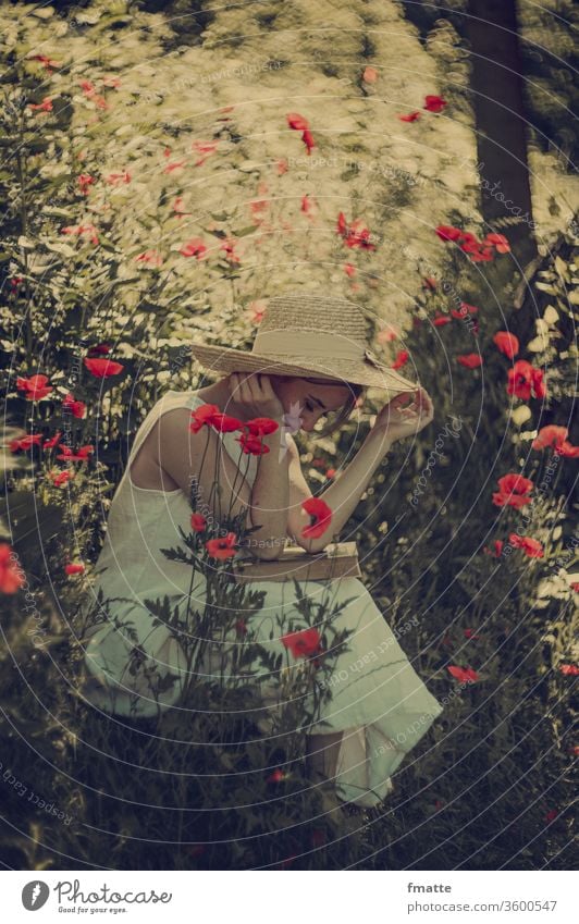 Woman with book in poppy Book Reading Poppy poppies Summer flowers Education already Nature Colour photo Red Literature