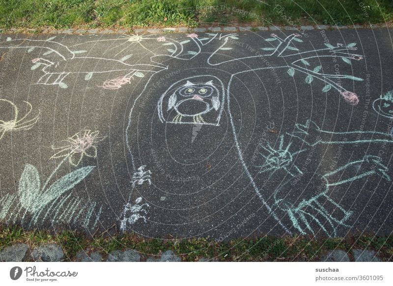 a childlike picture painted with chalk on a walkway Asphalt scribbling naive naive painting Childlike Grass area wayside Deserted Children's game