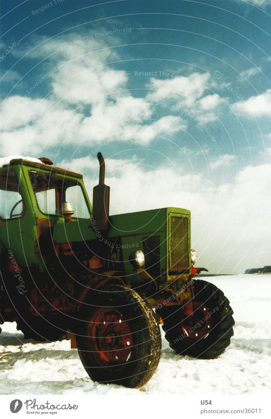 tractive power Tractor Beach Clouds Winter Vintage car Transport Snow Sky Sun