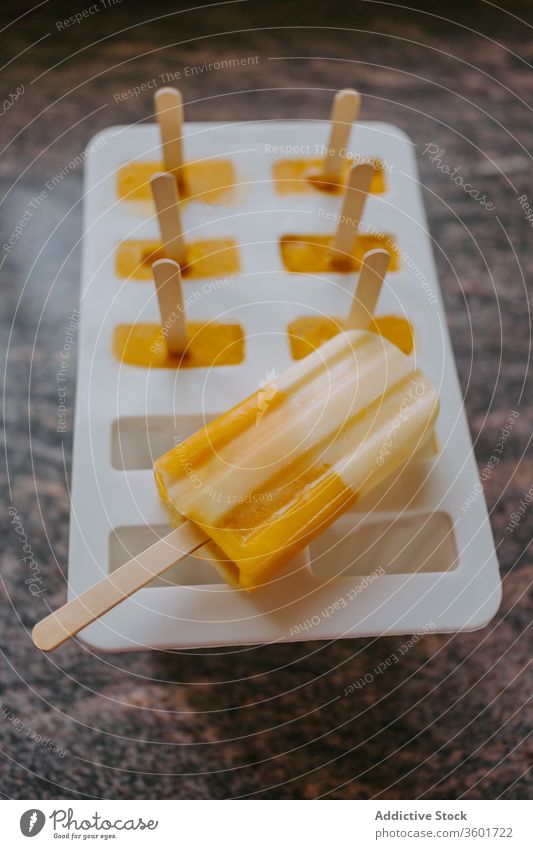 Set of homemade popsicles on table mold delicious ice cream lolly yummy cold dessert sweet fresh food tasty marble stick gourmet frozen snack ingredient flavor