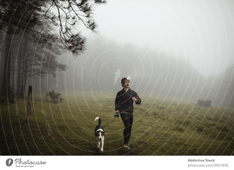 Fit sportsman running with dog in foggy forest runner training jog jogger wood male sportswear confident healthy workout athlete exercise energy nature active