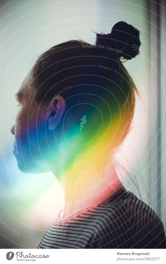 colorful Rainbow Woman Behind Chignon Striped Meditative grey