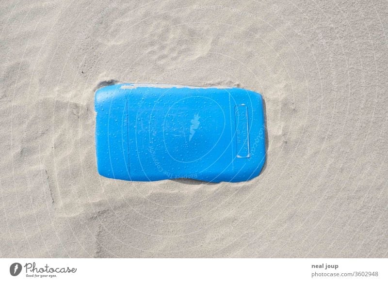 Plastic waste on the beach - jerry can, blue Environmental pollution plastic Rubber Trash Ocean Beach Sand Coast Recycling Problem Nature dirt Shackled ecologic