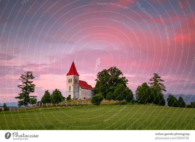 Gothic church and cemetery in Turiec region, Slovakia. Abramova landscape countryside rural village architecture historical heritage evening sunset field