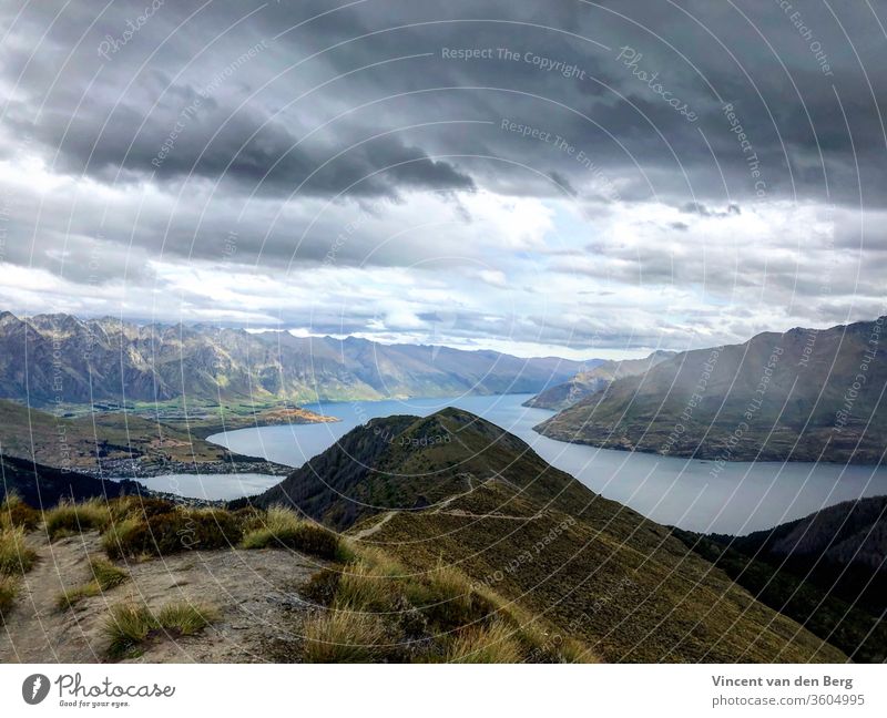 A View of Lake Wakatipu from the Ben Lomond Track in Queenstown queenstown ben lomond mountains lake hiking clouds Nature Landscape Vacation & Travel Tourism