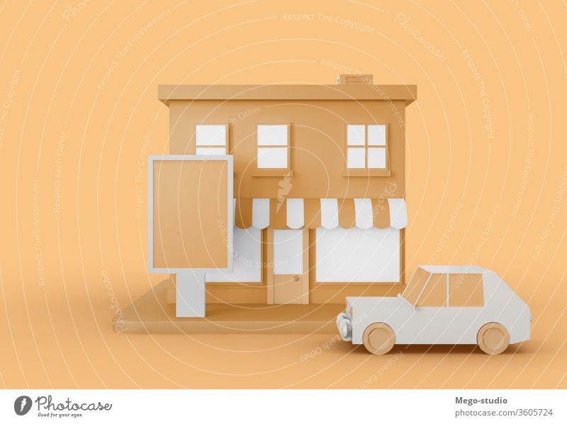 3D Illustration. Cartoon city shop with blank ad. 3d logo promo mock-up illustration render shopping commerce branding outside space copy advertise announcement