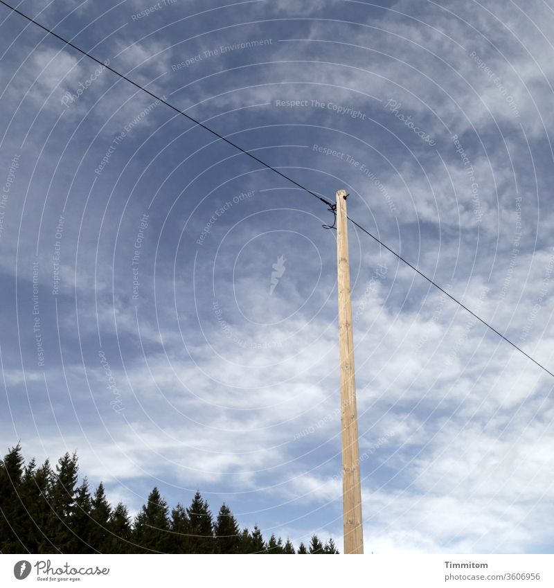 Wooden pole and power line in the Black Forest wooden pole Sky Electricity pylon Exterior shot Deserted Blue huts spruces Beautiful weather Cable electricity